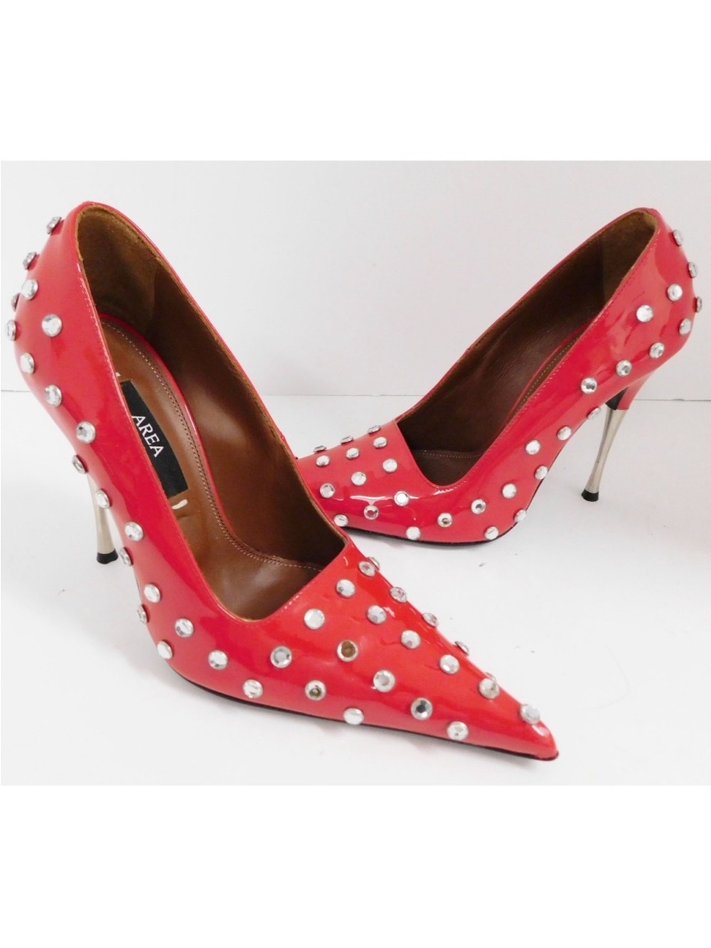 AREA Red Patent Leather Clear Jeweled‎ Pointed Toe Pumps $685rt Italy sz 37 NEW